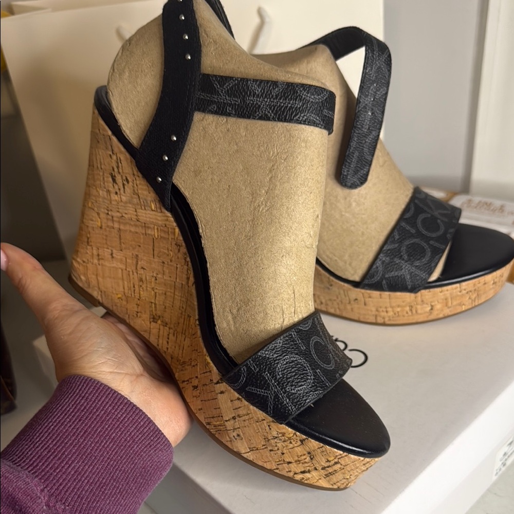 Designer Black and Tan Wedge Sandals